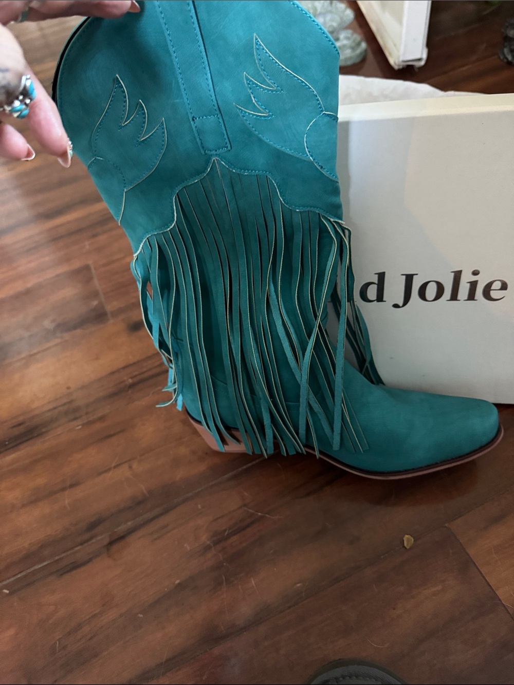 Teal Fringe Western calf boots by Wild Jolie Women